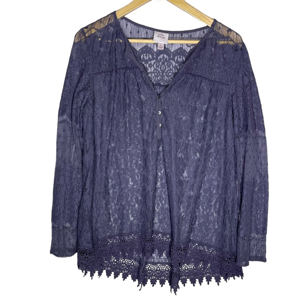Knox Rose Navy Lace Crochet Trim Long Sleeve Top
